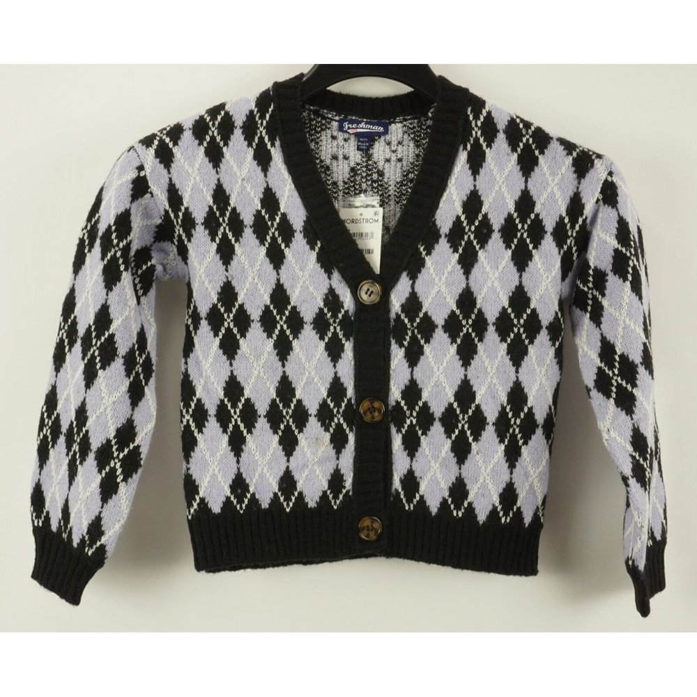 New Freshman‎ Kids Small Lilac & Black Fuzzy Argyle Plaid Cardigan Sweater